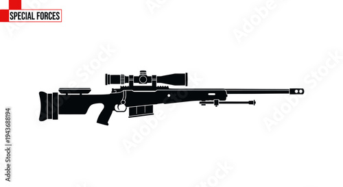 Silhouette of a Sniper Rifle with Scope and Bipod, Special Forces Weapon