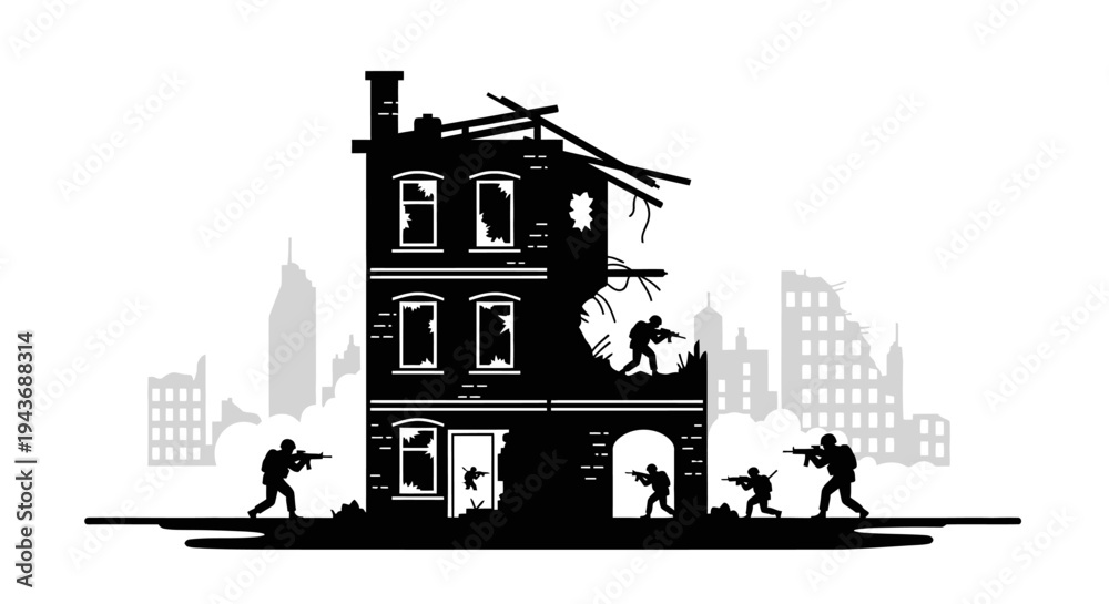 Obraz premium Silhouette of soldiers in combat near a destroyed building, symbolizing war and conflict