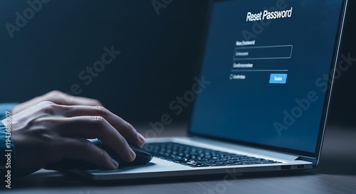 A person resetting their password on a laptop in a dark room