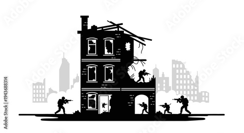 Silhouette of soldiers in combat near a destroyed building, symbolizing war and conflict