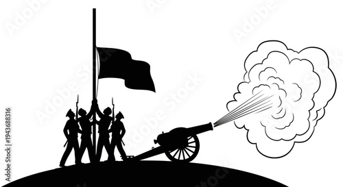 Silhouette of soldiers firing a cannon with a flag on a hill