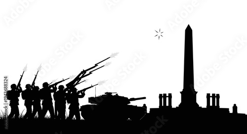 Silhouette of Soldiers and Tank at Monument, War Memorial, Military Parade