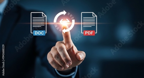 A businessman converting documents from DOC to PDF with a digital interface