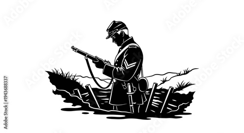 Silhouette Soldier in Trench Holding Rifle, Historical Military Scene