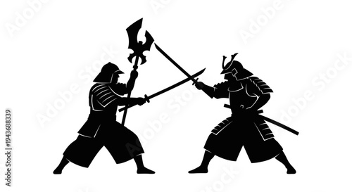 Silhouette of two samurai warriors in combat, swords clashing, dynamic action pose, black and white