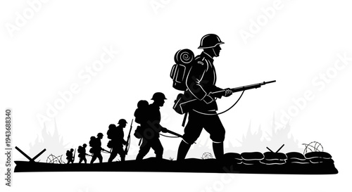 Silhouette of Soldiers Marching Through Trenches, Representing War and History