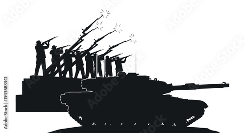 Silhouette of Soldiers Firing Rifles and Military Tank on White Background