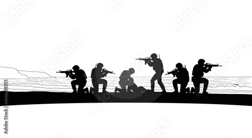 Silhouette Soldiers in Combat Formation, Aiming Rifles on a Beach