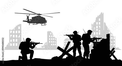 Silhouette Soldiers in Ruined City with Helicopter, War Scene