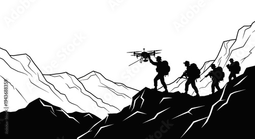 Silhouette Soldiers with Drone on Mountain Peak, Military Surveillance and Reconnaissance