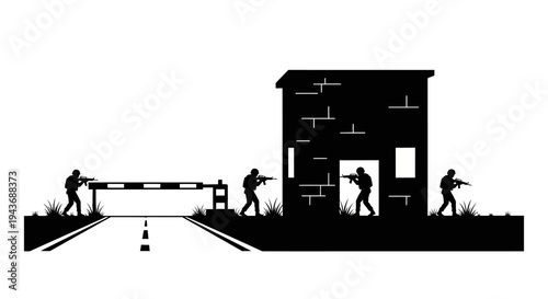 Silhouette soldiers with weapons at military checkpoint on road near building