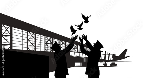 Silhouettes of two pilots releasing doves in front of an airport hangar and airplane