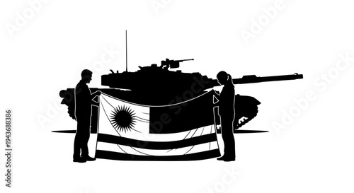 Silhouettes of people holding a flag with a tank in the background