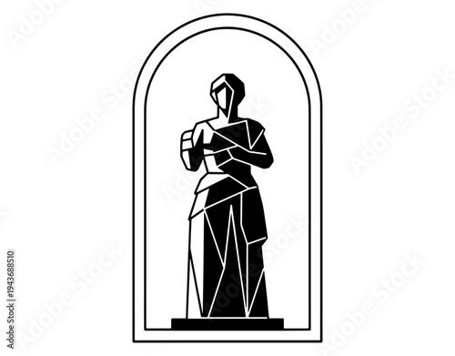 Minimalist Geometric Vector Illustration of a Classic Statue Woman Inside an Archway, Modern Abstract Art Style Silhouette Isolated on White Background for Elegant Design Decor.