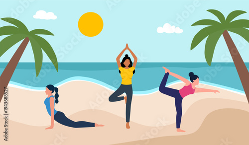 Wellness retreats with sport activities and yoga at beach concept. Stretching exercises, meditation and energy workout in tropical vacation vector illustration. Healthy lifestyle.