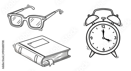 Collection of Eyeglasses Book and Alarm Clock.