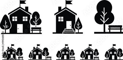 Minimalist house and park icon set featuring home buildings, trees and benches in flat black silhouette style, modern vector collection for real estate, landscape design and urban elements