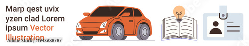 Transportation, education, innovation, identity verification, documentation, creativity. a car, open book with light bulb ID card. Innovation and identity verification concept