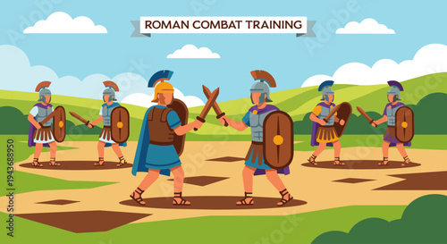 Roman Soldier Practicing Combat

Flat vector illustration of Roman soldiers practicing combat training with wooden weapons and shields in a training field. Flat vector style, educational historical 
