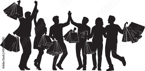 Silhouetted group of people celebrating with shopping bags
