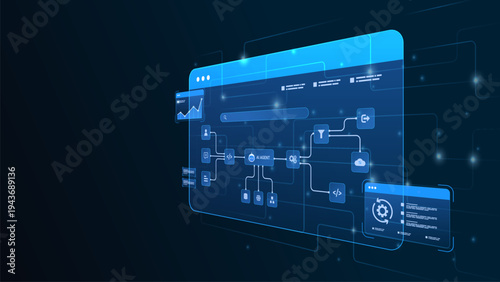 AI workflow automation artificial intelligence. ai agent network diagram dashboard machine learning architecture processing flow, analytics panels and automation system.