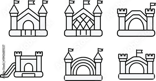 Set of playground castle line icons featuring kids slide structures, fantasy forts and park equipment, minimal outline vector collection isolated for playground, amusement park and children activity 