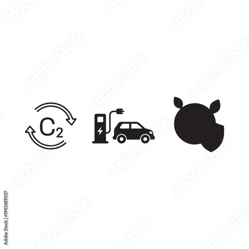 Illustration showing carbon cycle recycling electric vehicle powered by renewable energy from cow dung