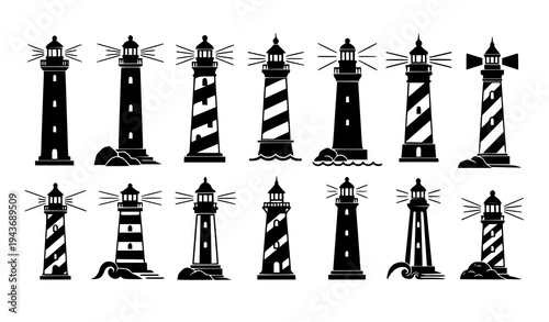 Lighthouse silhouette icon set coastal beacon towers nautical navigation vector illustration