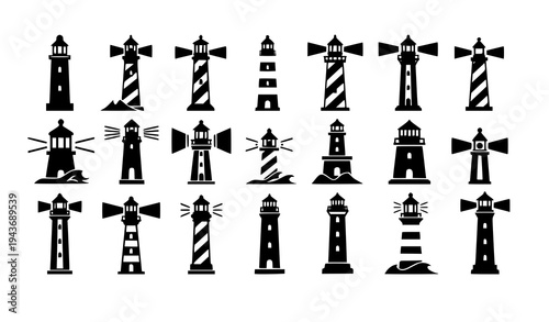 Coastal lighthouse silhouettes collection nautical beacon navigation tower vector set