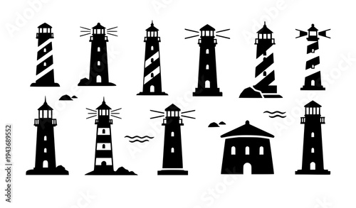 Nautical lighthouse silhouette vector set beacon tower coastal navigation icons