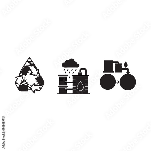 Illustrations depicting recycling water treatment and purification process steps with icons