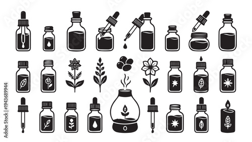 Set of 20 black herbalism and potion icons vector