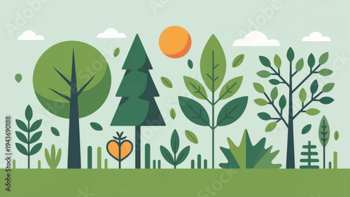 Vibrant green forest landscape with trees plants and sun symbolizing nature and growth