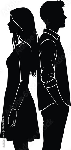 Back to back silhouettes, male and female figures, relationship contrast illustration, emotional distance design, vector artwork, black human outline