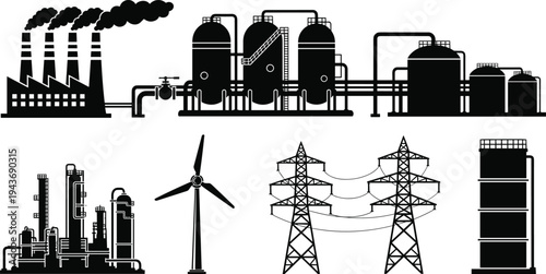 Set of industrial factory and energy infrastructure silhouettes featuring power plants oil refineries wind turbines electricity transmission towers and storage tanks for heavy industry