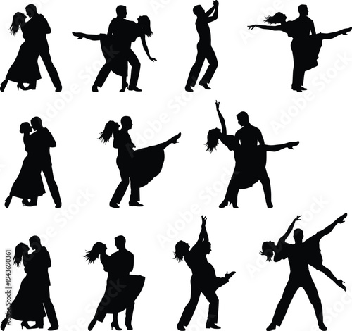 Ballroom dance silhouettes, Latin dance couples, elegant partner dancing illustration, twirls dips lifts, formal attire dancers, vector silhouettes, expressive movement art