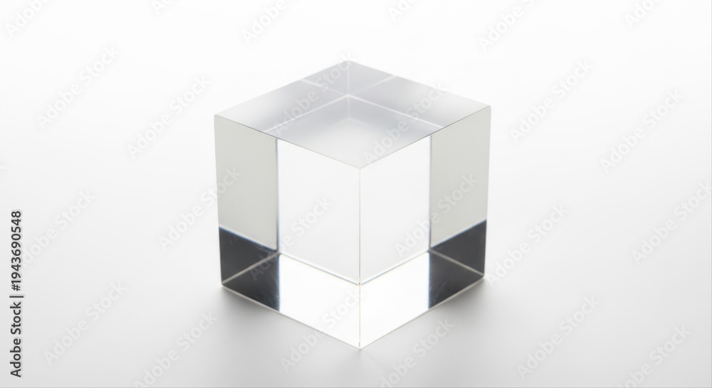 Fototapeta premium Transparent acrylic cube block isolated on a pristine white background with soft reflections and minimalist design