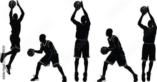 Basketball silhouettes illustration, player action poses, dunk, dribble, shooting, passing, sports concept, athletic motion, competition, training, performance, teamwork