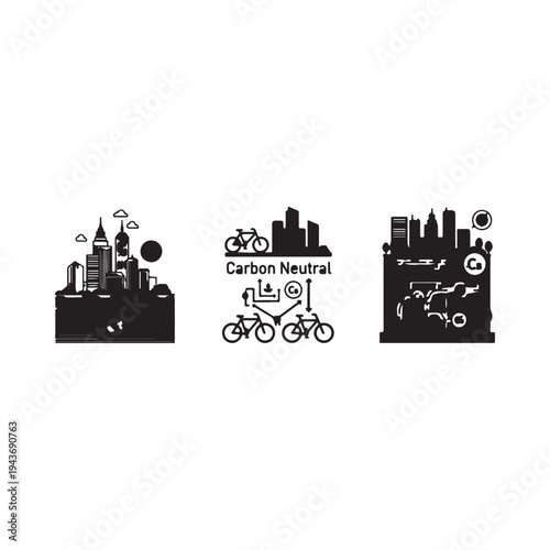 Modern urban infographic icons depicting sustainable city living and carbon neutral initiatives with bicycles and skyline