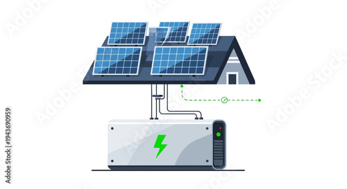 Vector illustration of solar panels on a house with battery storage