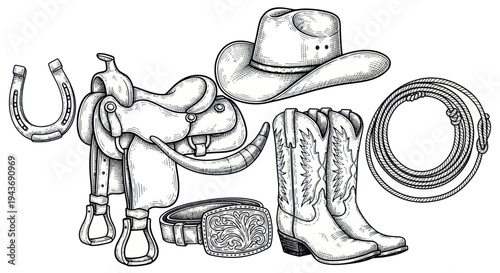 Western Cowboy Gear Collection: Saddle, Boots, Hat, Horseshoe, Rope, Belt Buckle