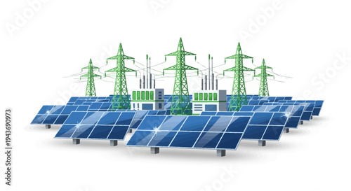 Set of solar panels and power transmission towers vector