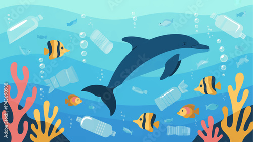 Dolphin swims amidst ocean pollution with fish and coral highlighting environmental issue