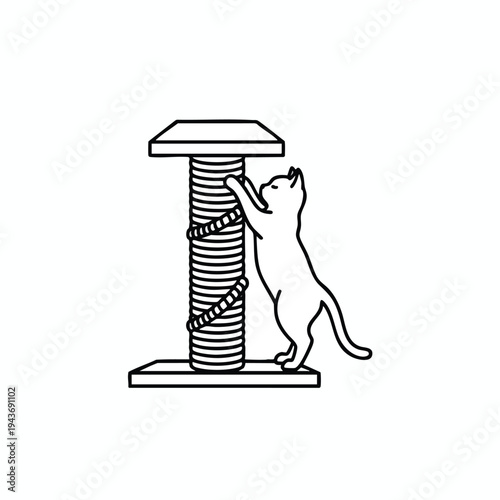Minimalist line art of a cat actively scratching a sisal-wrapped scratching post