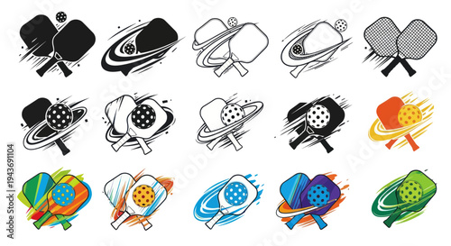 Pickleball Paddles and Balls Vector Icons Set - Dynamic Sport Graphics