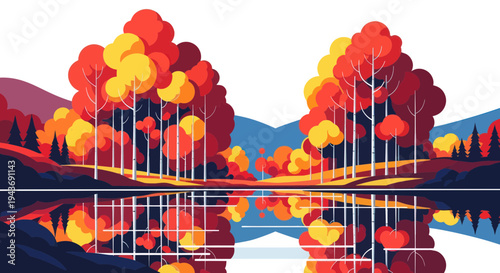 Vibrant Autumn Forest Reflection in Calm Water, Stylized Landscape