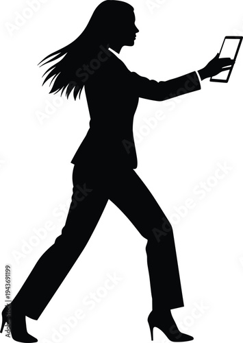 Businesswoman silhouette walking with tablet, mobile technology concept, modern work habits, multitasking design, professional attire, communication, lifestyle, creativity, motion, focus