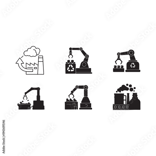 Set of industrial robotics and recycling process icons featuring automation and waste management equipment