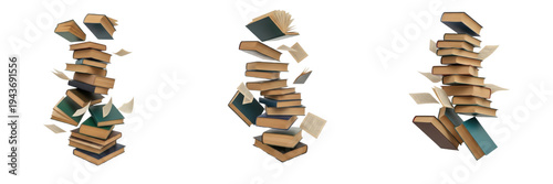 Canvastavla Floating Books and Stacks of Old Vintage Books Flying in Air Isolated on White B