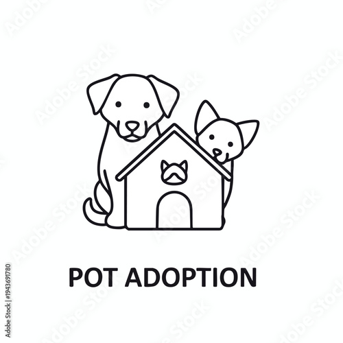 Minimalist line art of a dog and cat peeking from behind a doghouse